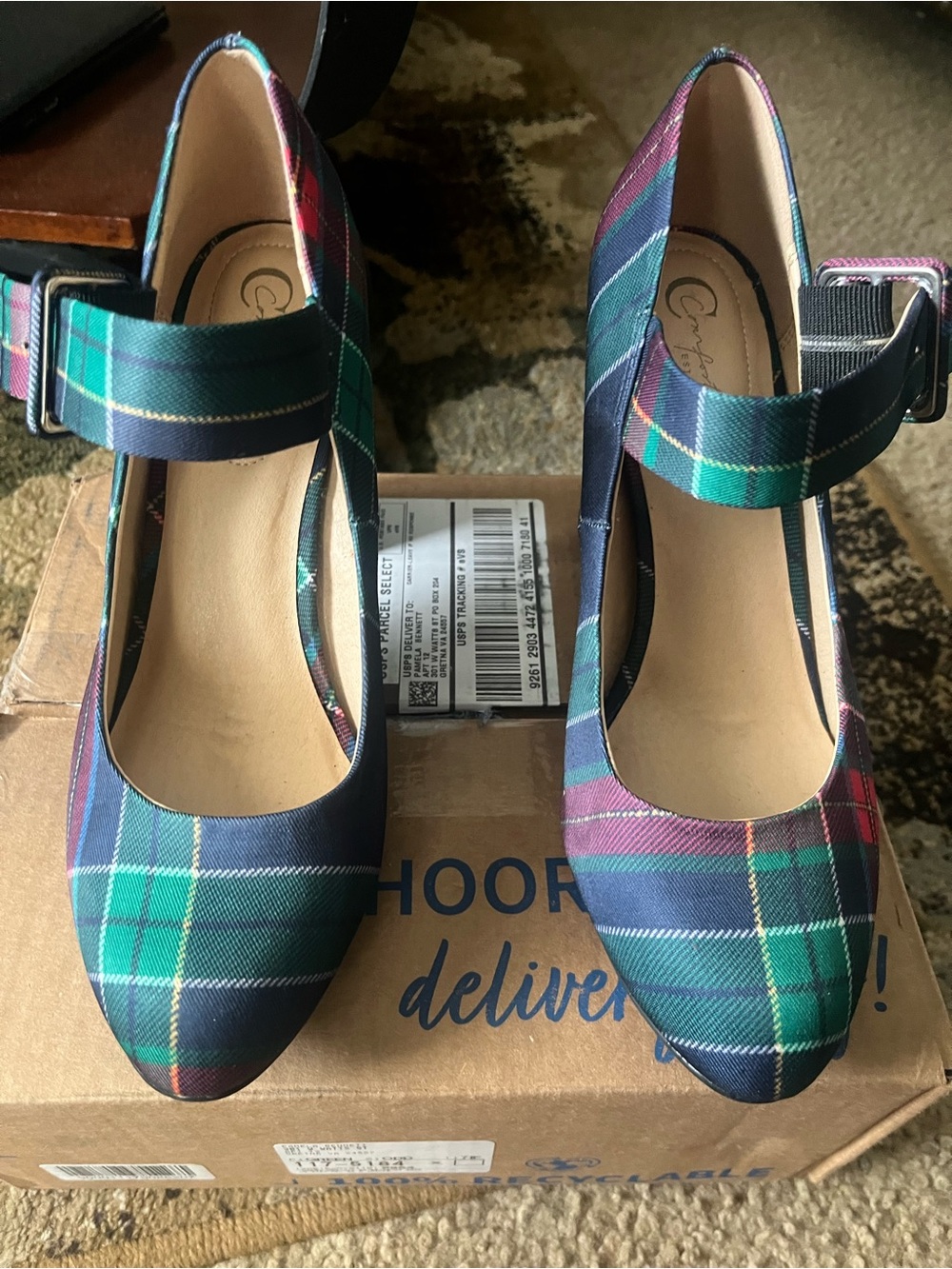 Plaid Mary Jane Pumps - Green/Navy Tartan